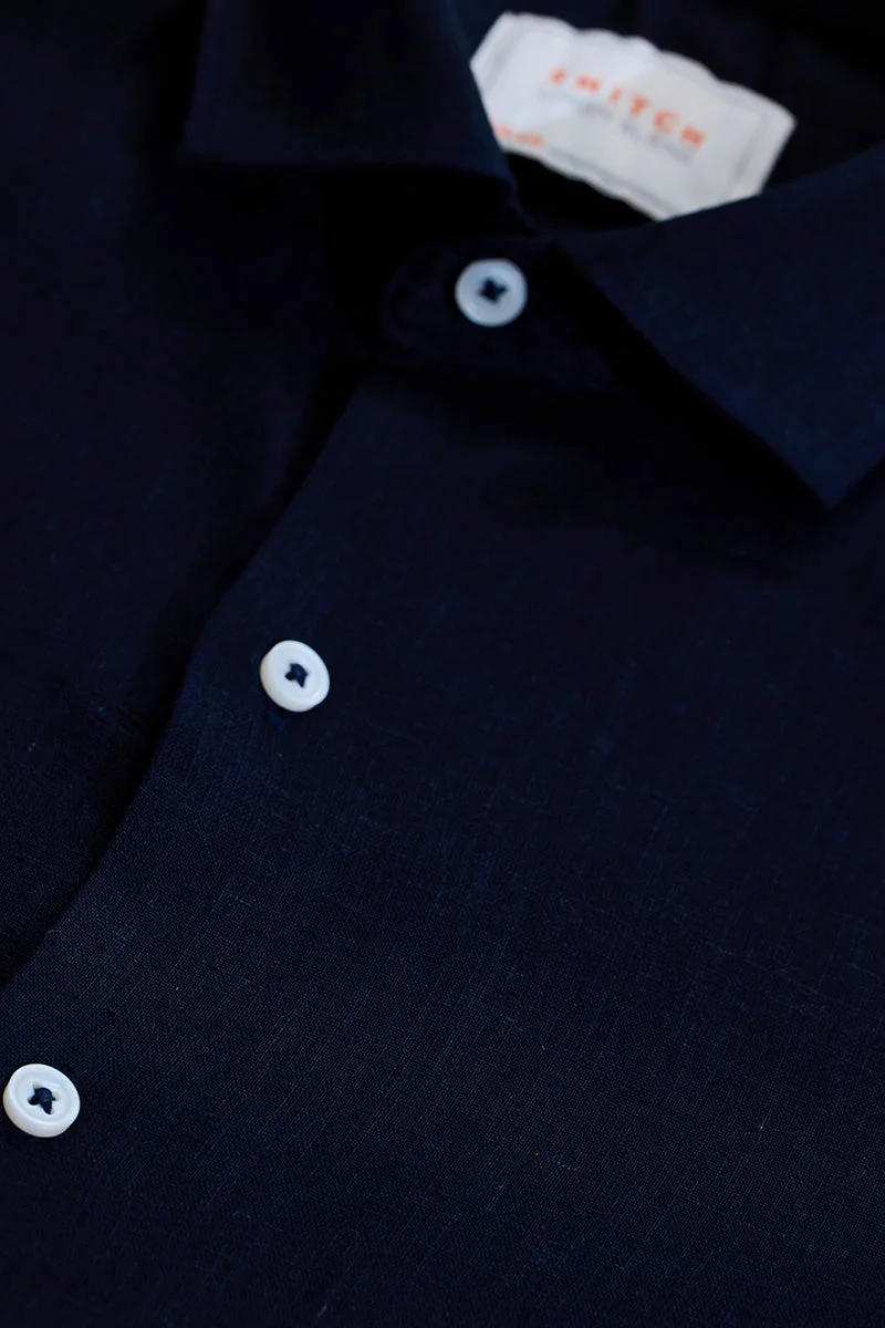 SNITCH Navy Solid Linen Blend Shirt